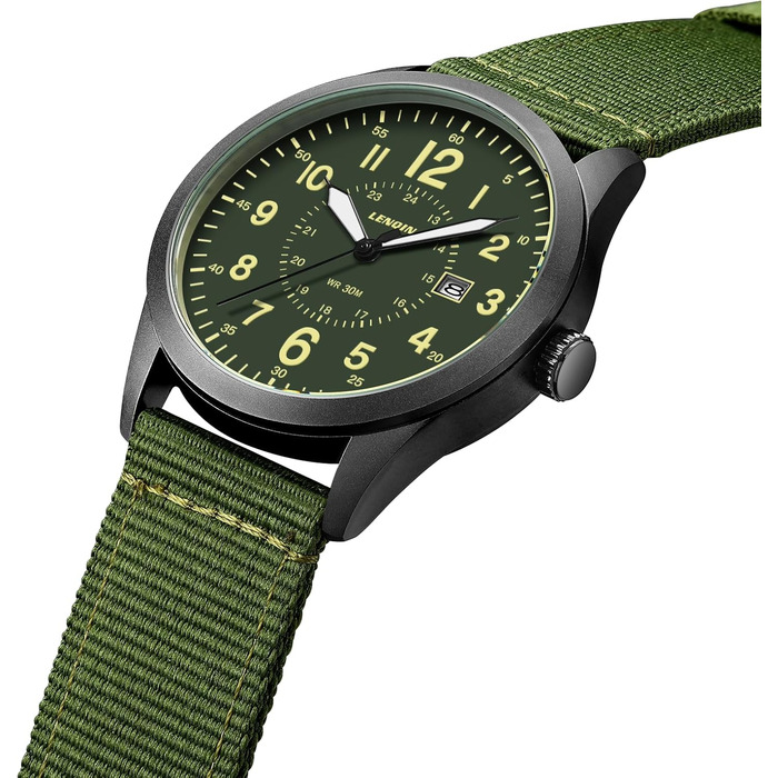 Годинник чоловічий LN LENQIN Military 30M водонепроникні годинники з датою, кварцові, тактичні, з нейлоновим ремінцем (зелено-чорний)