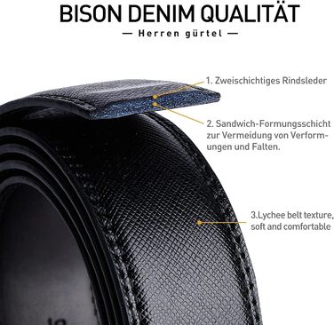 Чоловічий шкіряний ремінь BISON DENIM з автоматичною пряжкою - для ділового стилю, ширина 35 мм (чорний, 130 см)
