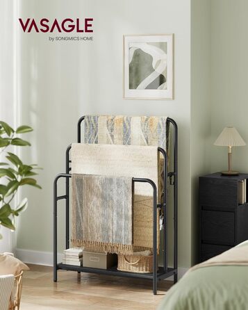 Підставка для рушників VASAGLE, стояча, 3-х рівнева, 70 x 30 x 100 см, з 2 гачками та полицею, чорний + чорне дерево, LLS019B01