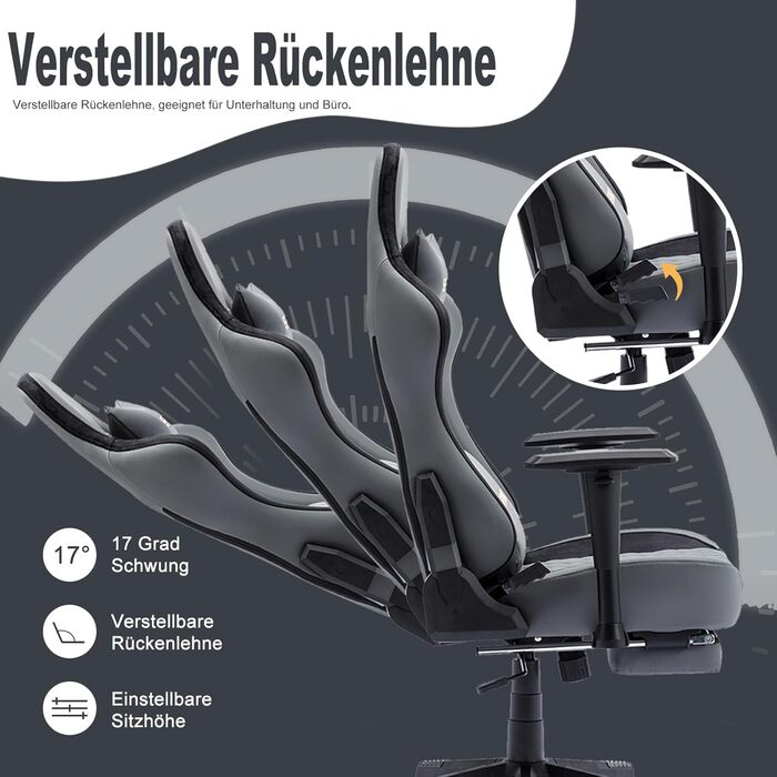 Ігровий крісло Symino - ергономічний офісний крісло в стилі Racing, 200 кг, регульовані підлокітники, PU шкіра, з підніжкою (сірий)
