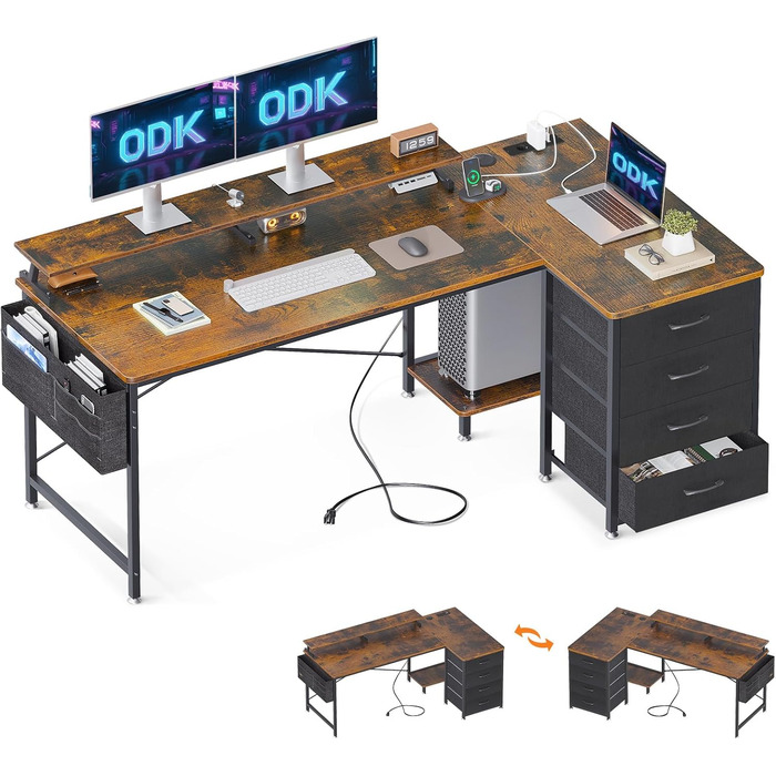 Кутовий письмовий стіл ODK L-форма 160x80x84.7 см з 4 шухлядами, USB-портами, розетками та полицею для монітора, для домашнього офісу, коричневий