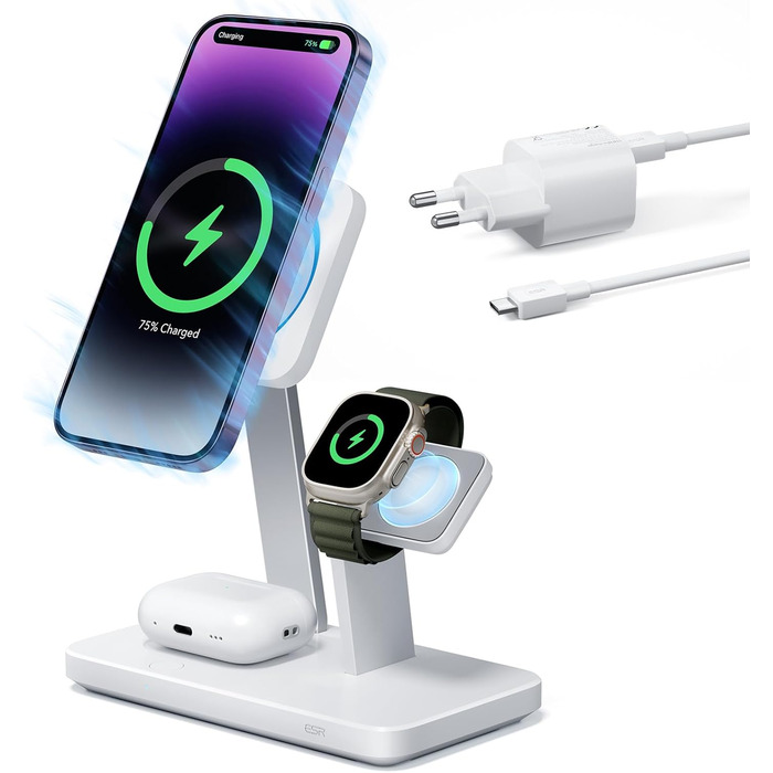 Зарядний пристрій ESR 65W GaN 5 в 1 з підтримкою MagSafe, білий (3 в 1). Сумісний з iPhone 17/16/15/14/13/12, Apple Watch, AirPods та USB A/C пристроями