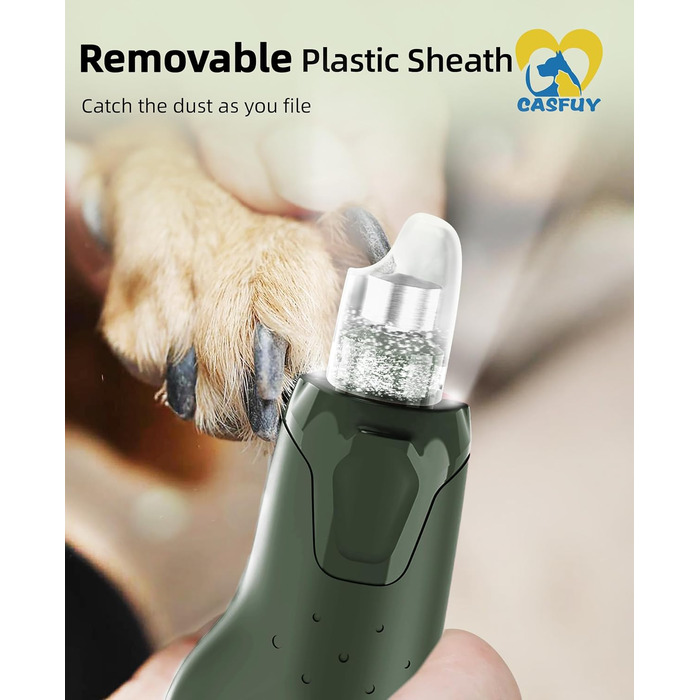 Електричний точило для собачих кігтів Casfuy - 6 режимів, 2 LED, для великих, середніх та маленьких собак. З захистом від пилу (білий, армійний зелений)