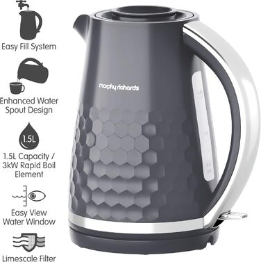 Електричний чайник Morphy Richards Hive, 1.5 л, сірий, з фільтром від накипу