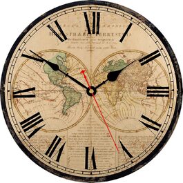 TAHEAT World Map Wall Clock, Large Classic Wooden Clock, Silent Non-Ticking Easy to Read for Home/Office/School, 34 cm