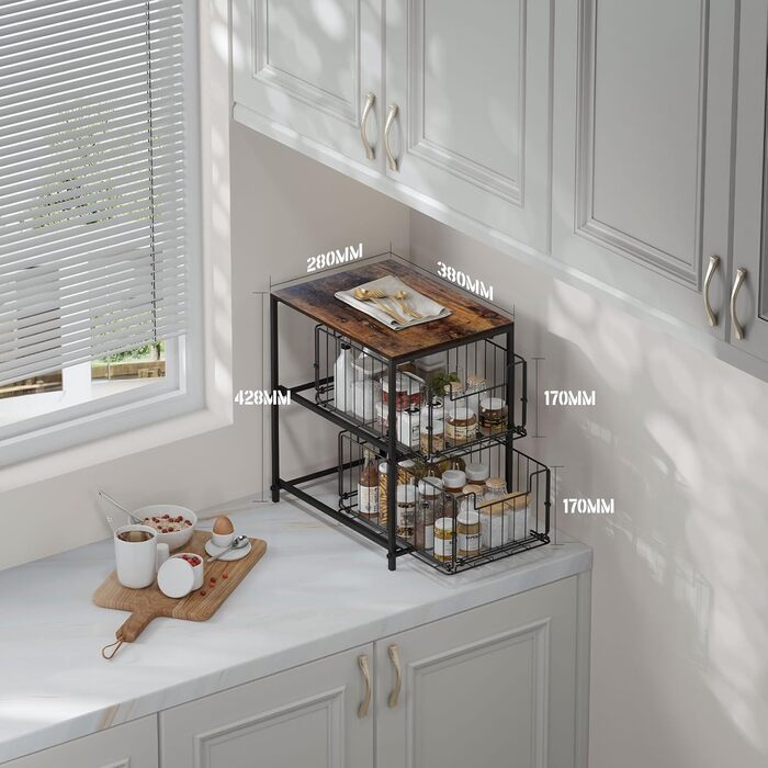 Meltrck Spice Rack and Kitchen Organizer, 2-Tier Pull Out Kitchen Organizer, Metal and Wood Composite for Kitchen, Countertop, Pantry, and Dining Room (Vintage Brown)