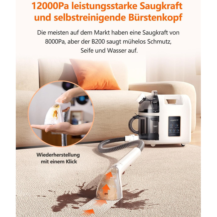 UWANT Теперішній пилосос для килимів, для диванів, килимів, м'яких меблів, мокрий/сухий пилосос з сильною потужністю всмоктування 12000Pa, 70dB (B200-білий-з щіткою для прасування)