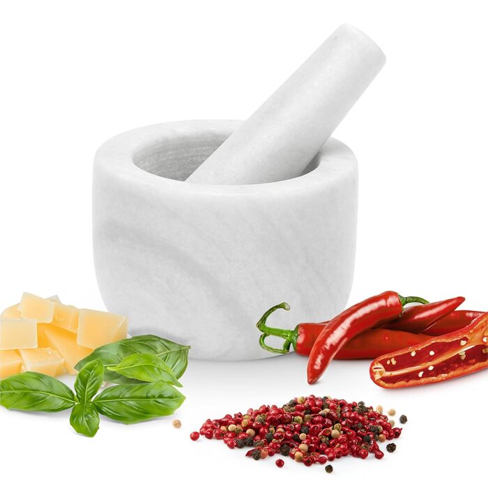 Marble Mortar and Pestle Set - 18 x 18 x H10cm - 800ml Small Mortar and Pestle - Mortar and Pestle for Spices, Salsa, Pesto - White (8.5 cm, white marble)