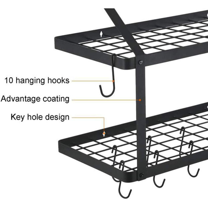 Warmiehomy Kitchen Wall Pot Rack, Wall Shelf Kitchen with 10 Hooks, 2-Layer Pot Pan Organizer, Hanging Spice Rack, Wall Mounted Kitchen Utensil Holder Kitchen Shelf (74.9x34.8x58.9 cm)