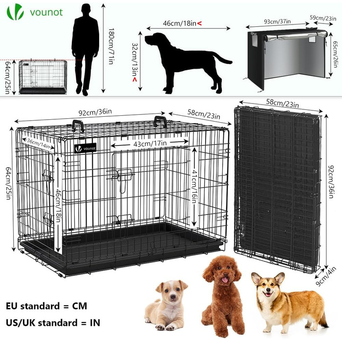 Клітка для собак Vounot, розкладний вольєр з кришкою, переноска для собак у машину, з подвійними дверцятами, 2 ручки для перенесення та знімною підстилкою, XXL 122x75x81 см, чорна