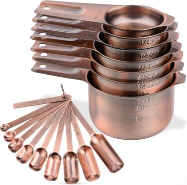 Zoyizi Copper Measuring Cup and Spoon Set, 17, 7 Stainless Steel Measuring Cups and 9 Long Narrow Measuring Spoons for Spice Jars and Levelers, Kitchen, Metric and US Measuring Cups, Spoons for Dry and