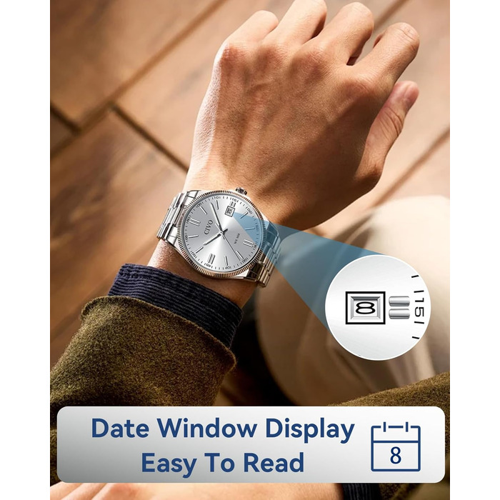 Чоловічий годинник CIVO з нержавіючої сталі: аналоговий бізнес-годинник з датою, що світиться, водонепроникний для роботи та відпочинку, стильний подарунок для чоловіків (сріблястий)