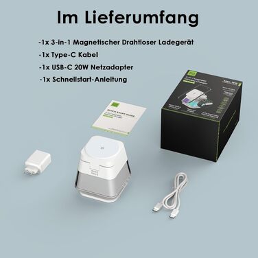 Бездротова зарядна станція 3-в-1 Minthouz Leap Cube 15, швидка зарядка 15W Qi, підставка з багатокольоровою підсвіткою для iPhone 16, 15, 14, 13