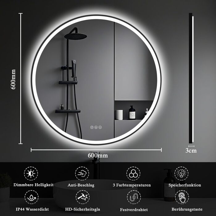 Дзеркало для ванної кімнати з підсвічуванням LED, антизапар, сенсорне керування, регулювання яскравості, 3 кольори світла, функція пам'яті, захист від вибуху, кругле дзеркало 50см (металевий каркас+bluetooth)