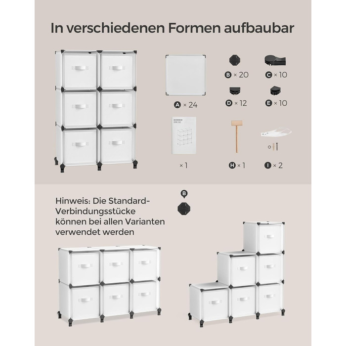 SONGMICS Cube Shelf with 6 Boxes, Shelving System, Storage Shelf with 6 Cubes, DIY, Expandable, Space-Saving, Bedroom, White LPC062W06
