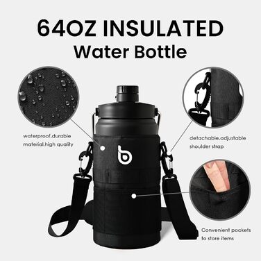 BOTTLE BOTTLE Insulated Water Bottle, 1.8L, with Straw and Double Lid, Half-Gallon Water Jug, Stainless Steel, for Workout and Sports, Insulated Growler with Handle, Black