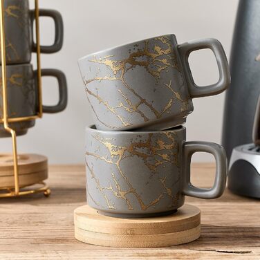 Набір келихів для еспресо LUKA з блюдцем та металевою підставкою (4 шт.), 118 мл, кераміка, мармуровий візерунок білий/сірий