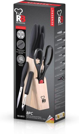 Набір кухонних ножів RENBERG Tenessy, 15 предметів з дерев'яною ручкою, нержавіюча сталь