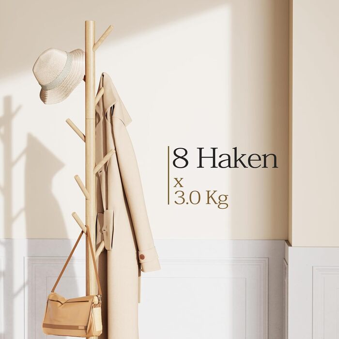 Pipishell Coat Rack, Clothes Rack, Garment Rack, Tree-Shaped Wardrobe, 3-Height Adjustable, for Clothing, Hat and Handbag, Suitable for Living Room, Bedroom or Office, With 8 Hooks, Nature