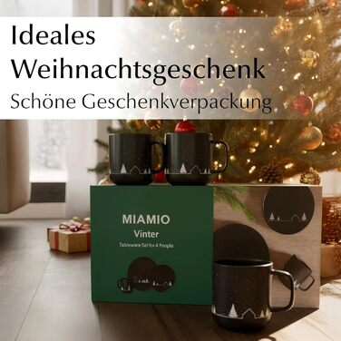 Набір чашок Miamio на Новий Рік, 4 шт, 500 мл, чорні / Кавові чашки на Різдво, мінімалістичний зимовий мотив, подарунок на Новий Рік, безпечні для миття в посудомийній машині та використання в мікрохвильовці – Vinter Collection (12 шт)