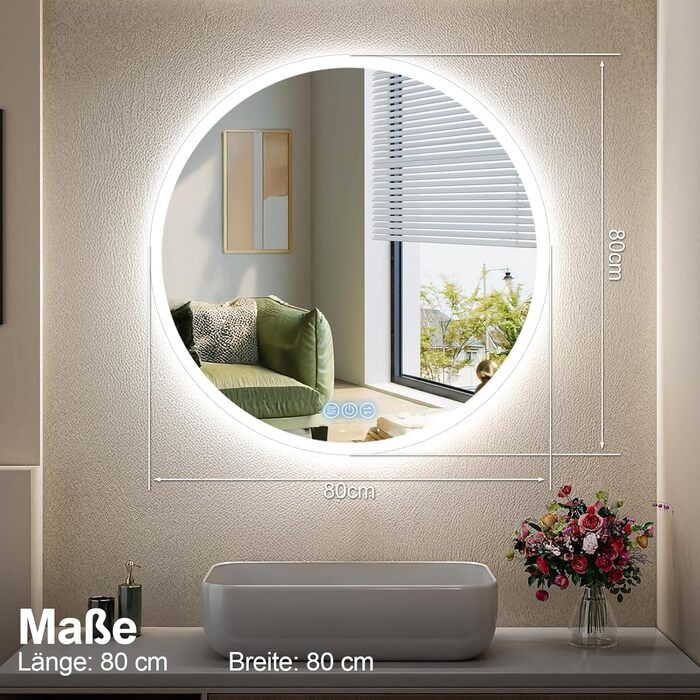 Дзеркало для ванної кімнати з підсвічуванням 80x80 см Fow Halo Simple, LED, сенсорне управління, IP65, пам'ять, 3 кольори, регулювання яскравості, проти запотівання, HD скло