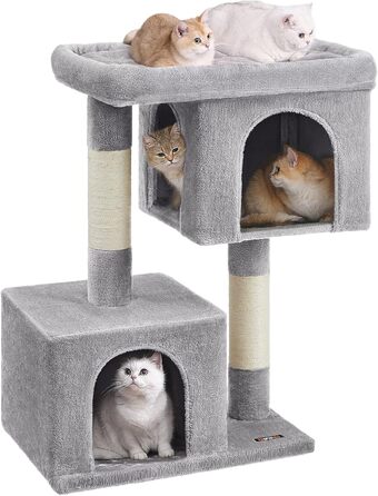 Feandrea Cat Tree, 84 cm Cat Tree, L, Cat House for Large Cats up to 7 kg, Large Platform, 2 Cat Caves, Sisal Posts, PCT61W (XL (68 x 48 x 101 cm), Light Grey)