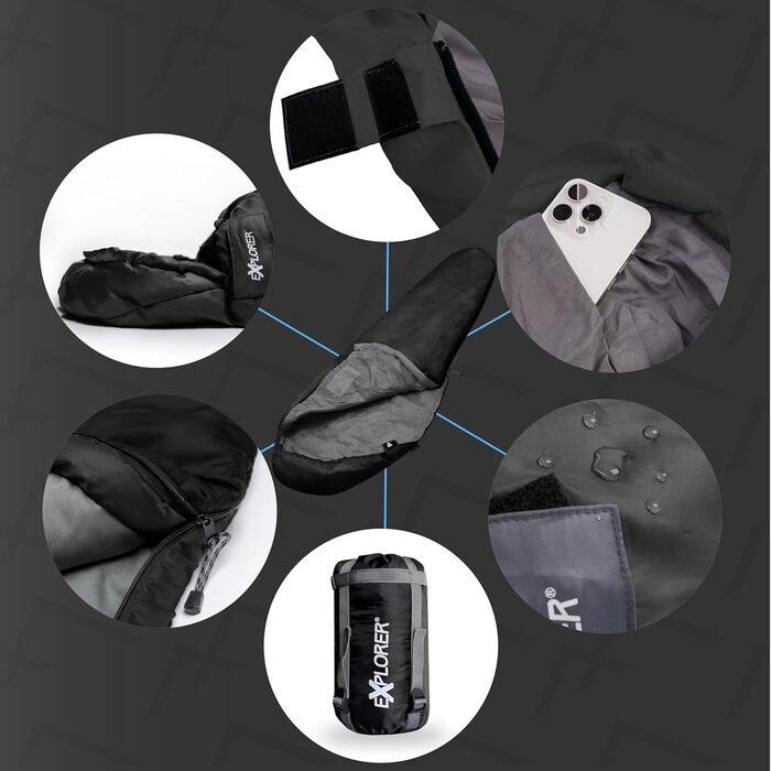 Сплячий мішок Explorer® Light 600 - ультралегкий, 210x75x50 см, для кемпінгу та трекінгу, -2°C до +14°C, чорний