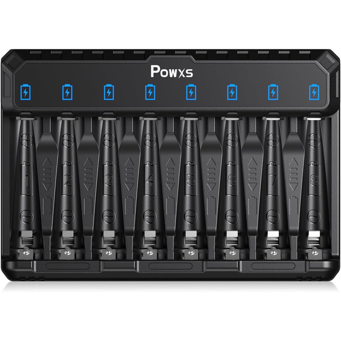 Зарядний пристрій POWXS для акумуляторів AA AAA (NIMH/NICD/Li-ion/Lithium) з LED-дисплеєм та USB-C, 8 слотів, швидка зарядка