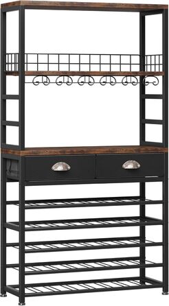 Homeiju Wine Rack, Freestanding Floor, Bar Cabinets for Liqueurs and Glasses, 4-Tier Bar Cabinet with Tabletop, Glass Holder, Storage Drawer and Wine Storage for Living Room, Kitchen, (Retro Black Brown)