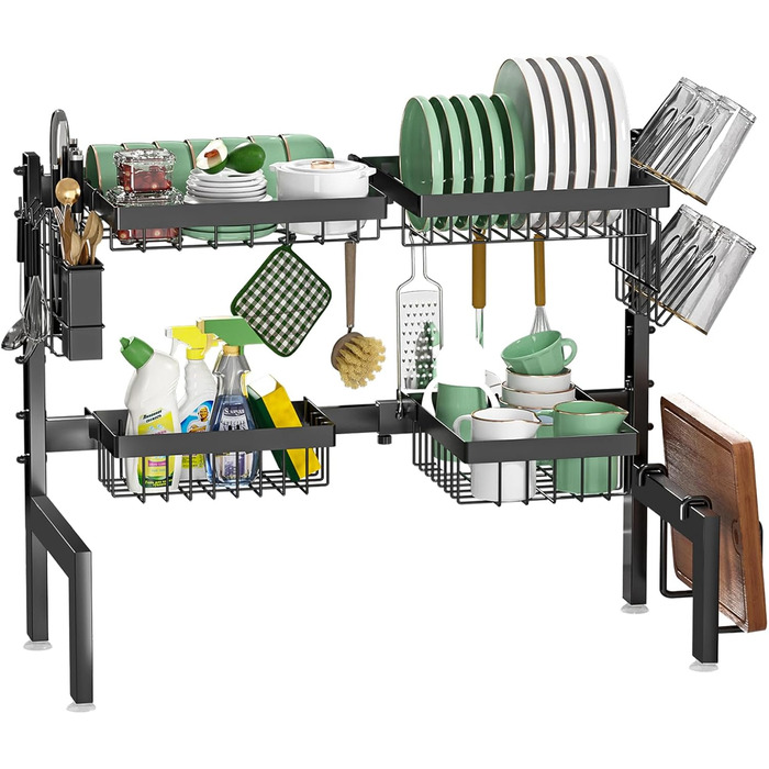 Регульована сушилка для посуду на 2 яруси, 66-85 см, чорна, з 4 кошиками для столових приборів та тримачем для напоїв