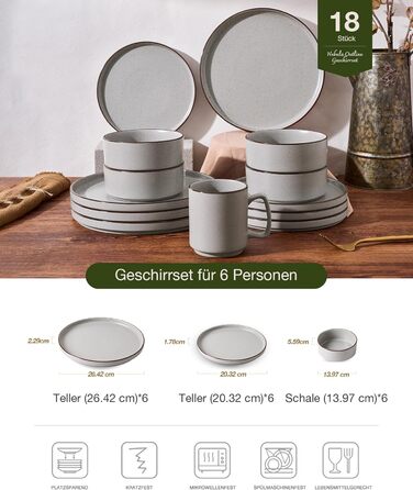Набір посуду Mercury, 12 предметів: тарілки, супові миски, десертні тарілки, для 4 осіб, з каменю, стійкий до мікрохвильової печі та миття в посудомийній машині, колір сірий (N-Set 18 предметів, 6 осіб)