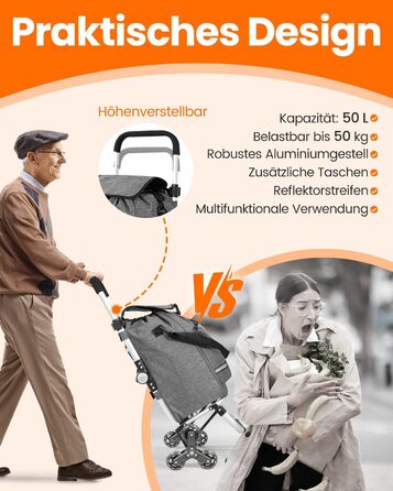 Складаний візок для покупок Homecall 50L з охолодженням, 3-в-1: візок, сумка на колесах, тачка (темно-сірий, сходинкові колеса)