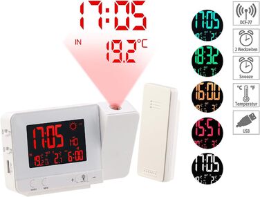 infactory Projection Clocks: Radio Weather Station with Projection Alarm, Outdoor Sensor, and USB, White (Radio Projection Clock, Clock with Projection, Outdoor Temperature Display)