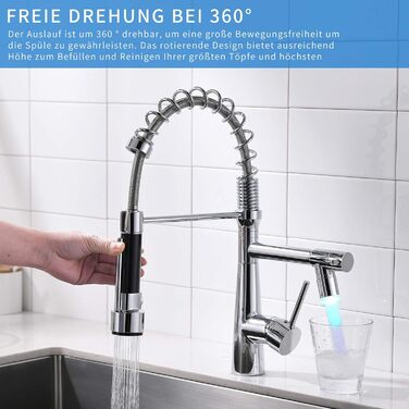 Змішувач кухонний LED Chrome з висувною лійкою, 360° обертання, 2 виходи, високий тиск