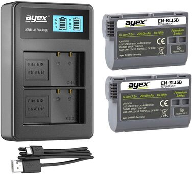 Зарядний пристрій Ayex USB сумісний з акумуляторами Nikon EN-EL15 для Z7 II, Z6 II, Z5, D850, D780, D750, D600. Зарядка через USB-C (з ноутбука, powerbank) з LCD-індикатором рівня заряду. Комплект: зарядний пристрій EN-EL15 (подвійний) + акумулятори