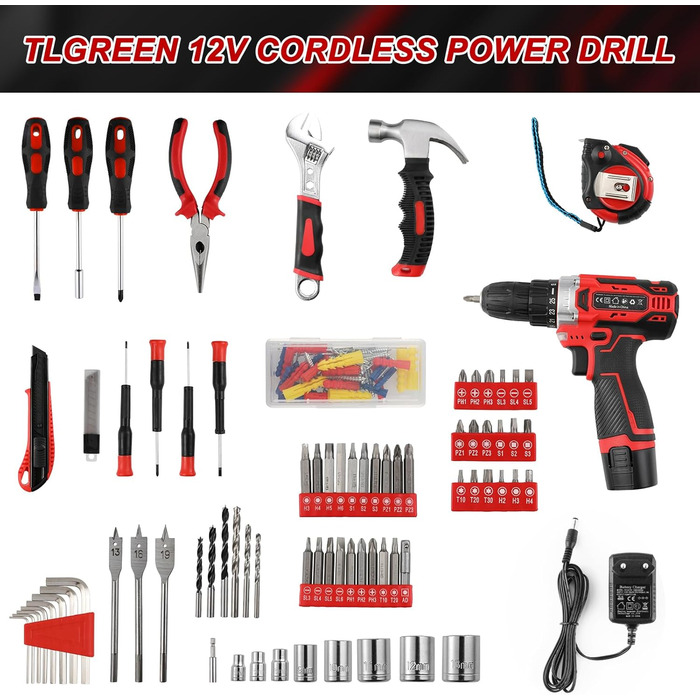 Набір інструментів TLGREEN 138-tlg з акумуляторним шуруповертом 12V, червоний. Для ремонту, обслуговування, DIY