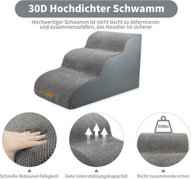 Сходинки для собак Непфайві: 3 сходинки, сірі, 60x40x40 см. Зручні для маленьких собак, знімний, пральний чохол, антиковзаюче покриття