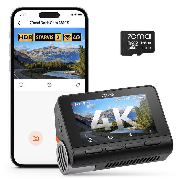 Автомобільний відеореєстратор 70mai A810S 4K з HDR, нічним баченням STARVIS 2, ADAS та карткою пам'яті 128ГБ, 24/7 моніторинг паркування