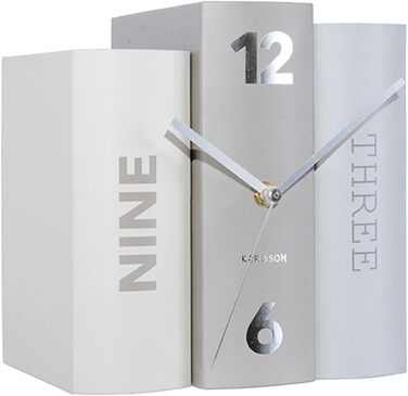 Karlsson KA5628 Table Clock, Trompe-l'oeil Books, Book, Grey, Hardboard and Metal, H20 x 20 x 15 cm