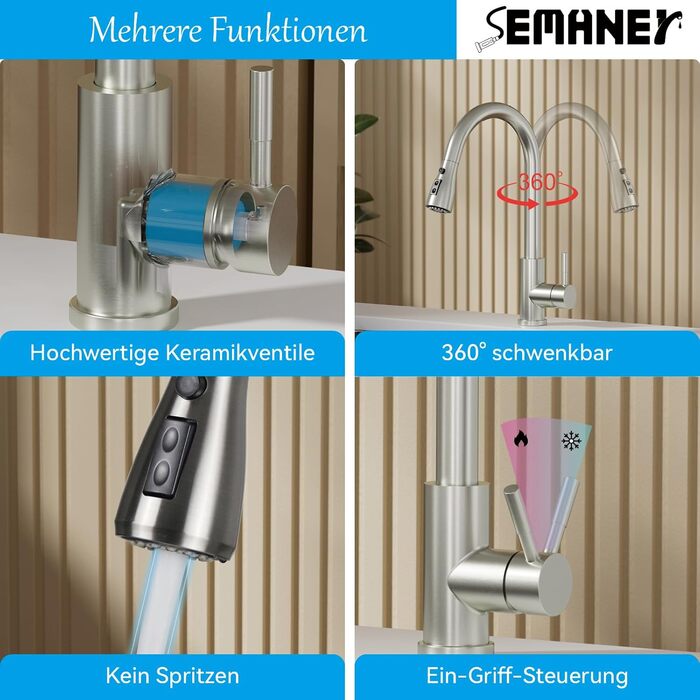 Чорний кухонний змішувач SEMANEY з витяжною лійкою, 3 функції, поворотний на 360°, з нержавіючої сталі (щіткова обробка)