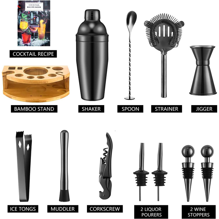 Набір для приготування коктейлів, 12 предметів, нержавіюча сталь, 750 мл, з дерев'яною підставкою та книгою рецептів