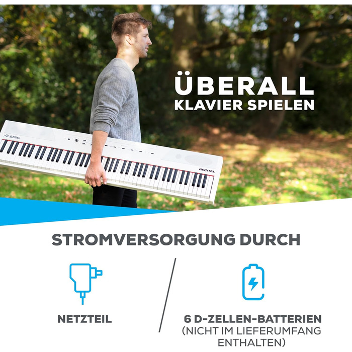 Електронне піаніно Alesis Recital - E Piano 88 клавіш з напівзваженими клавішами, динаміками, 5 преміум-звуками, виходом для навушників, підписка на уроки гри на клавіатурі (біле)