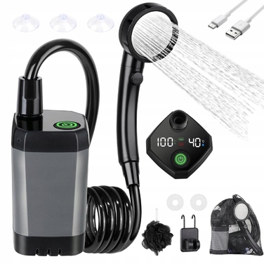 Водонепроникний туристичний душ IPX7 з акумулятором, LED-екраном та шлангом 2м