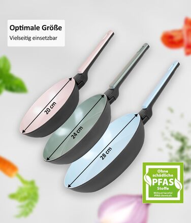 Набір сковорідок Genius Cerafit Trend Pastell Edition (3 шт.): 20 см, 24 см, 28 см. Покриття Cerafit, підходить для індукції, для смаження м'яса, овочів, панкейків та крепів.