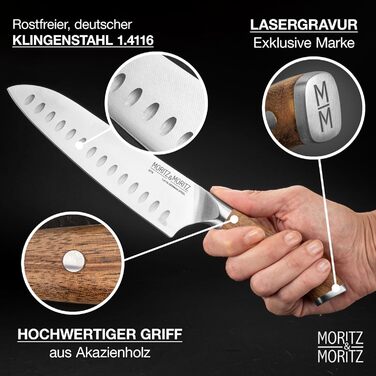 Ніж Santoku Moritz & Moritz 18 см - професійний кухонний ніж у японському стилі з надзвичайно гострою клинком - для м'яса, суші та іншого. Ергономічна ручка з акації. Німецька сталь Santokumesser