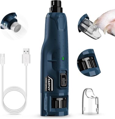 Електричний точилка для кігтів собак Casfuy - 6 режимів, 45 дБ, з LED-підсвіткою, для великих, середніх та малих порід, з захистом від пилу (білий/блакитний)