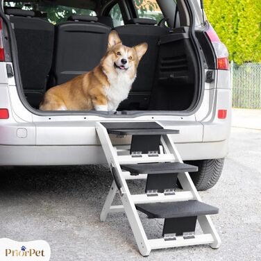 Сходинка для собак на ліжко та диван 2-в-1 - регульована пандус для собак, 18-50 см - для маленьких собак, легка у переміщенні, з платформою, натуральне дерево (білий дуб)