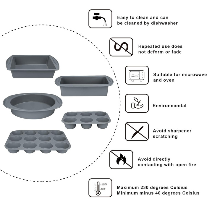 Набір форм для випічки Aschef: кекс, мафіни, хліб, піца. Силікон з антипригарним покриттям, скребок для тіста, пензлик, мірні ложки.