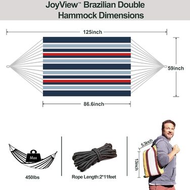 Гамак бразильський JoyView подвійний, бавовняний, 220x150 см, смугастий (чорно-червоний), до 204 кг, для тераси, саду, відпочинку