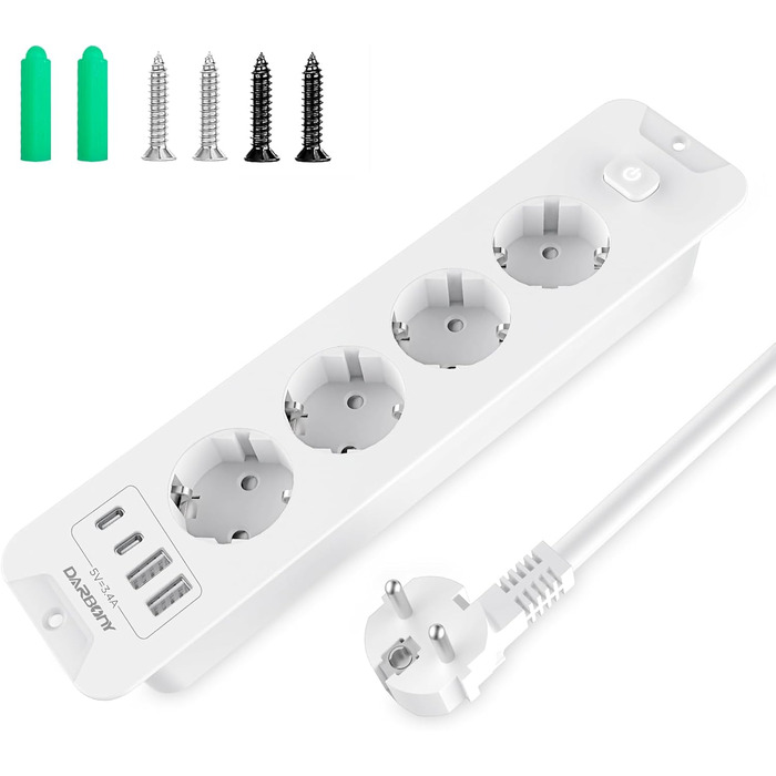 Мережевий фільтр з USB та 2 Type-C, 4 розетки, кутовий, з LED-підсвічуванням, захист від перенапруги 3680W 16A, 90°, з вимикачем, кабель 1,5 мм², білий